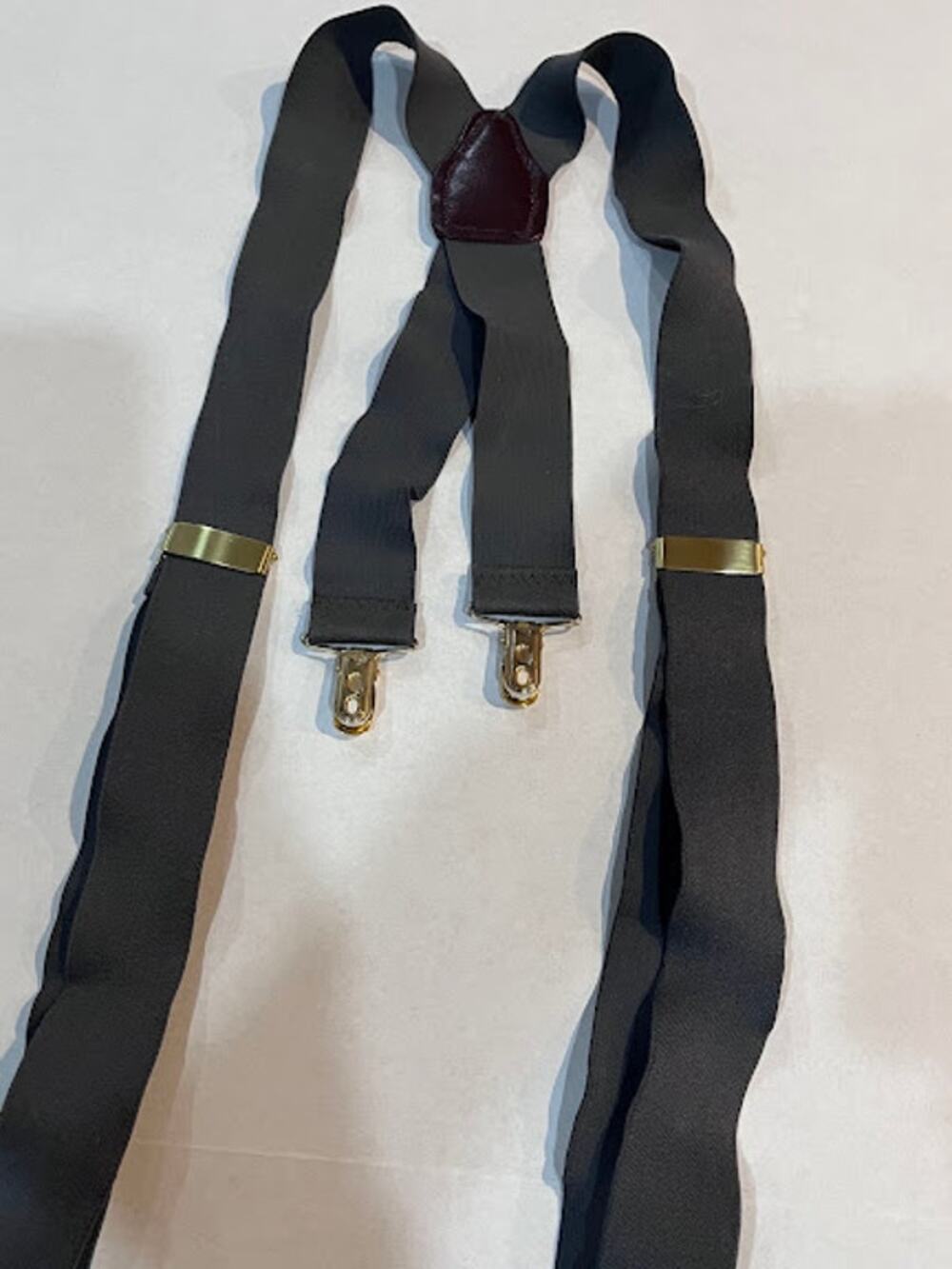 Vintage Polyester Suspenders Braces w Clips Gray Brown Leather Fully Expandable